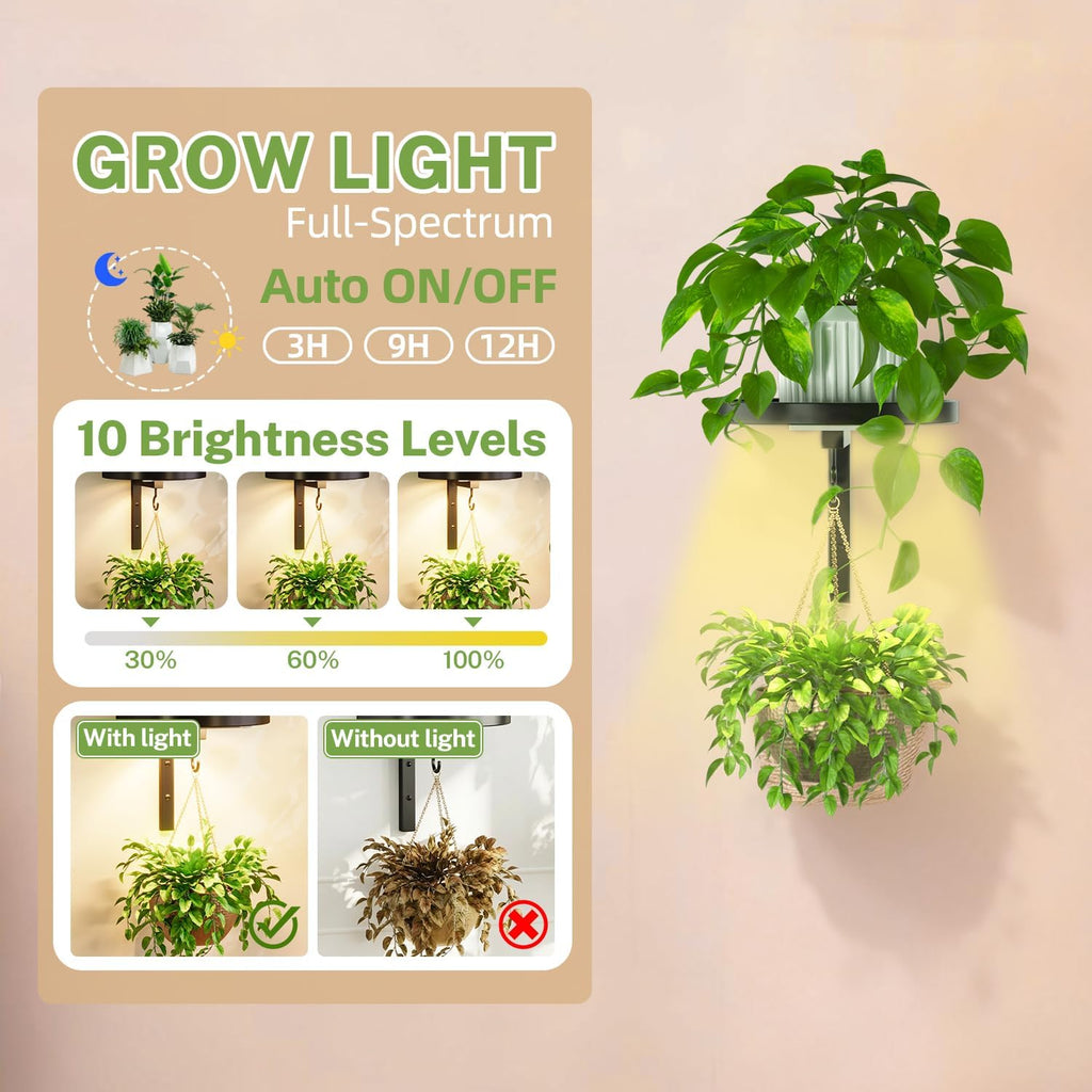 iDavosic.ly Plant Wall Hanger with Grow Lights Set of 2 for Indoor, Black | Metal Floating Flower Display Holder Stand