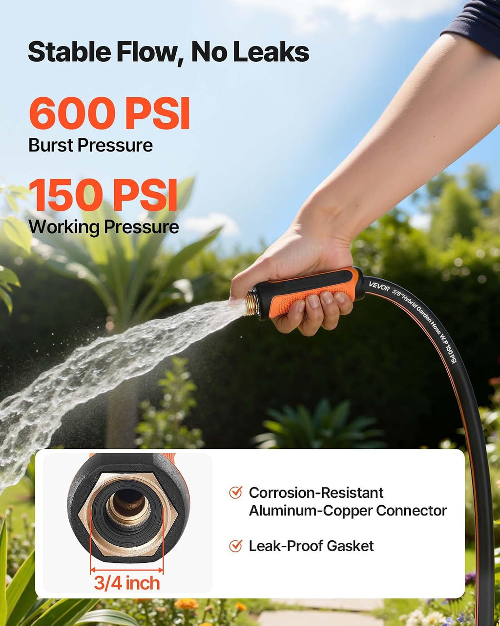 VEVOR Garden Hose, 100 ft 5/8" Heavy Duty 4-Layer Rubber Water Hose, 150PSI Working & 600PSI Burst, Flexible & Non-kink