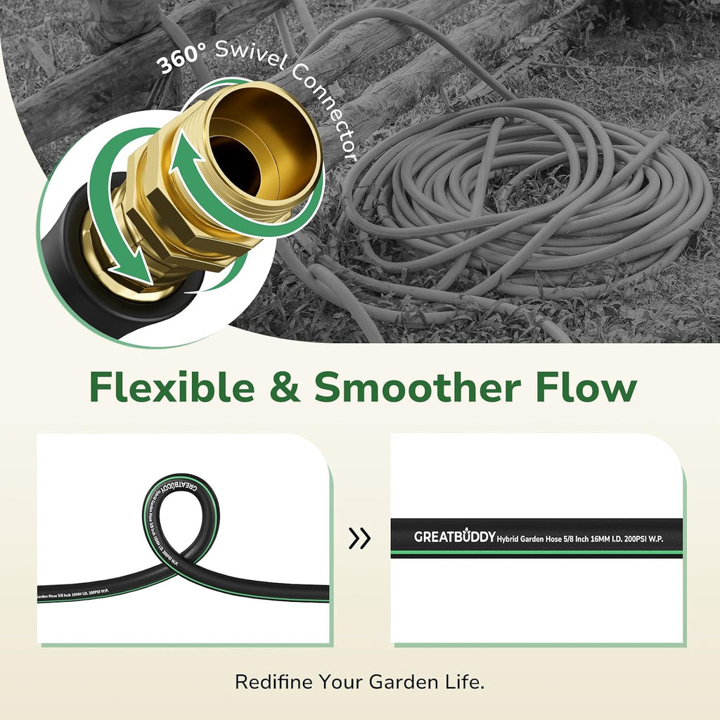 GreatBuddy 100 ft Garden Hose, Flexible Rubber Water Hose 5/8" | Heavy Duty, Lightweight Hose, Burst 600 PSI with Solid