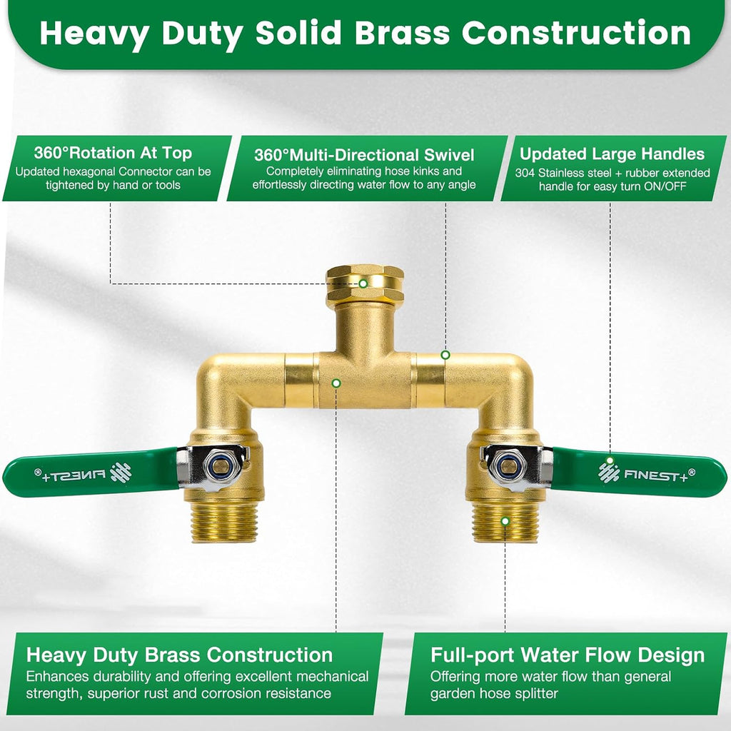2 Way Brass Garden Hose Splitter Heavy Duty, 360° Rotatable Y Valve, Full Flow Large Ball Valve, 304 Stainless Steel