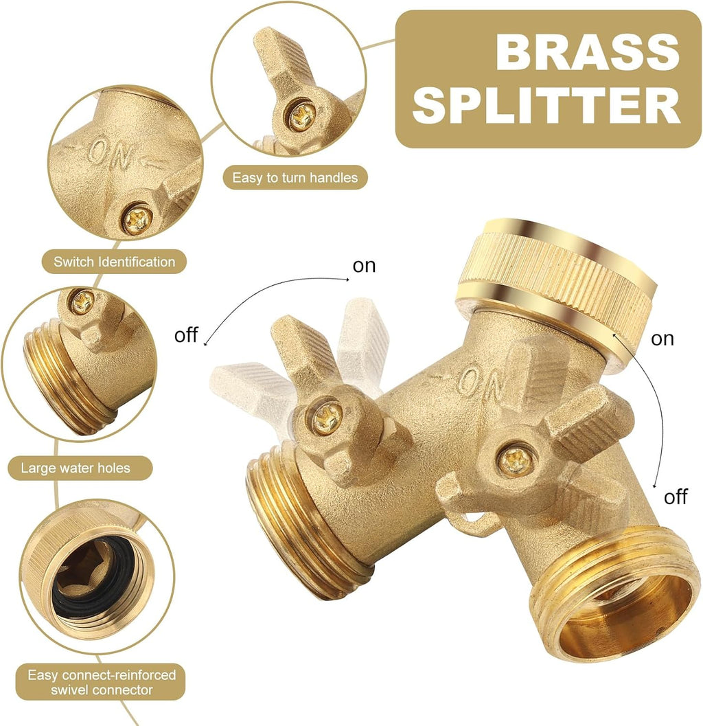 3/4 Inch Brass 2-Way Garden Hose Splitter – Y-Shaped Hose Connector with 2 Anti-Kink Spiral Protectors, Heavy-Duty