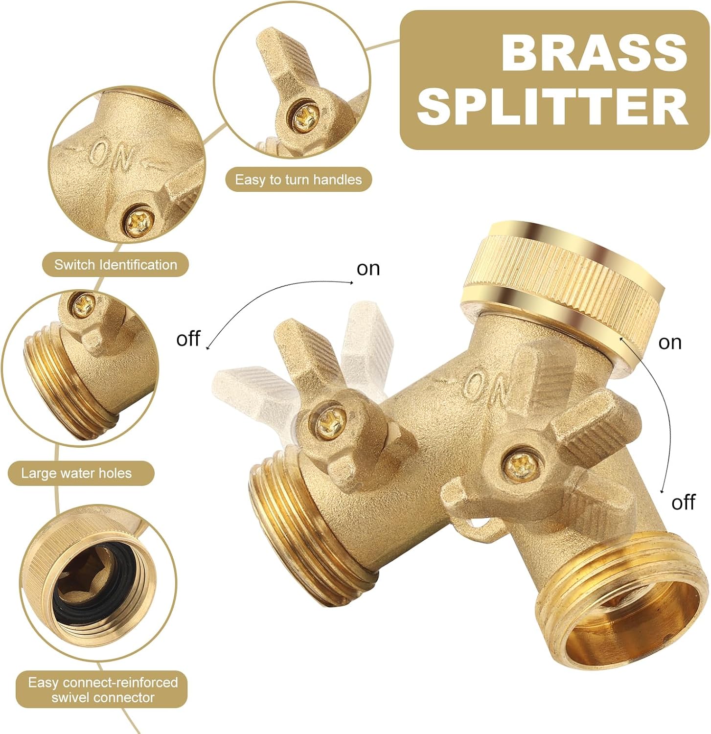 3/4 Inch Brass 2-Way Garden Hose Splitter – Y-Shaped Hose Connector with 2 Anti-Kink Spiral Protectors, Heavy-Duty