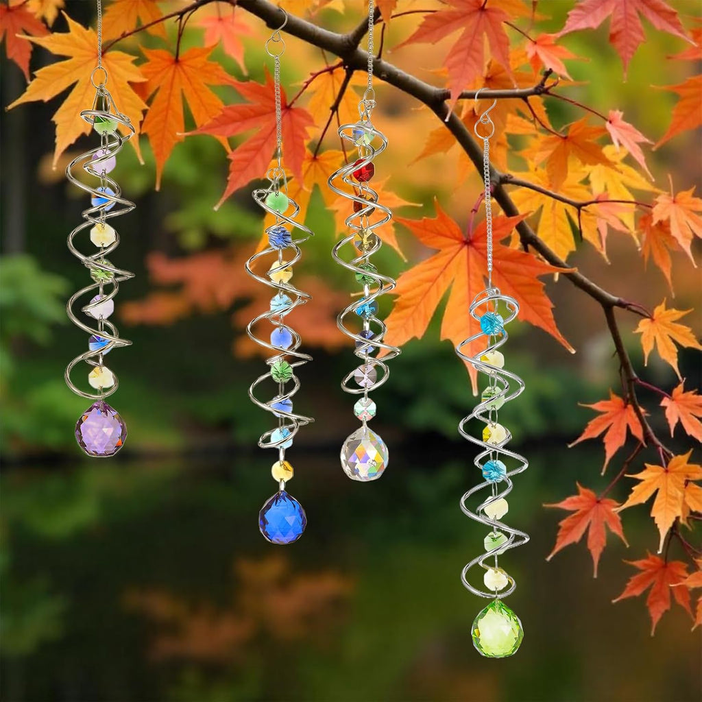 Set of 4 Crystal Sun Catcher for Window Hanging Double-Spiral Gazing Ball Spiral Tail Rainbow Maker Wind Spinners