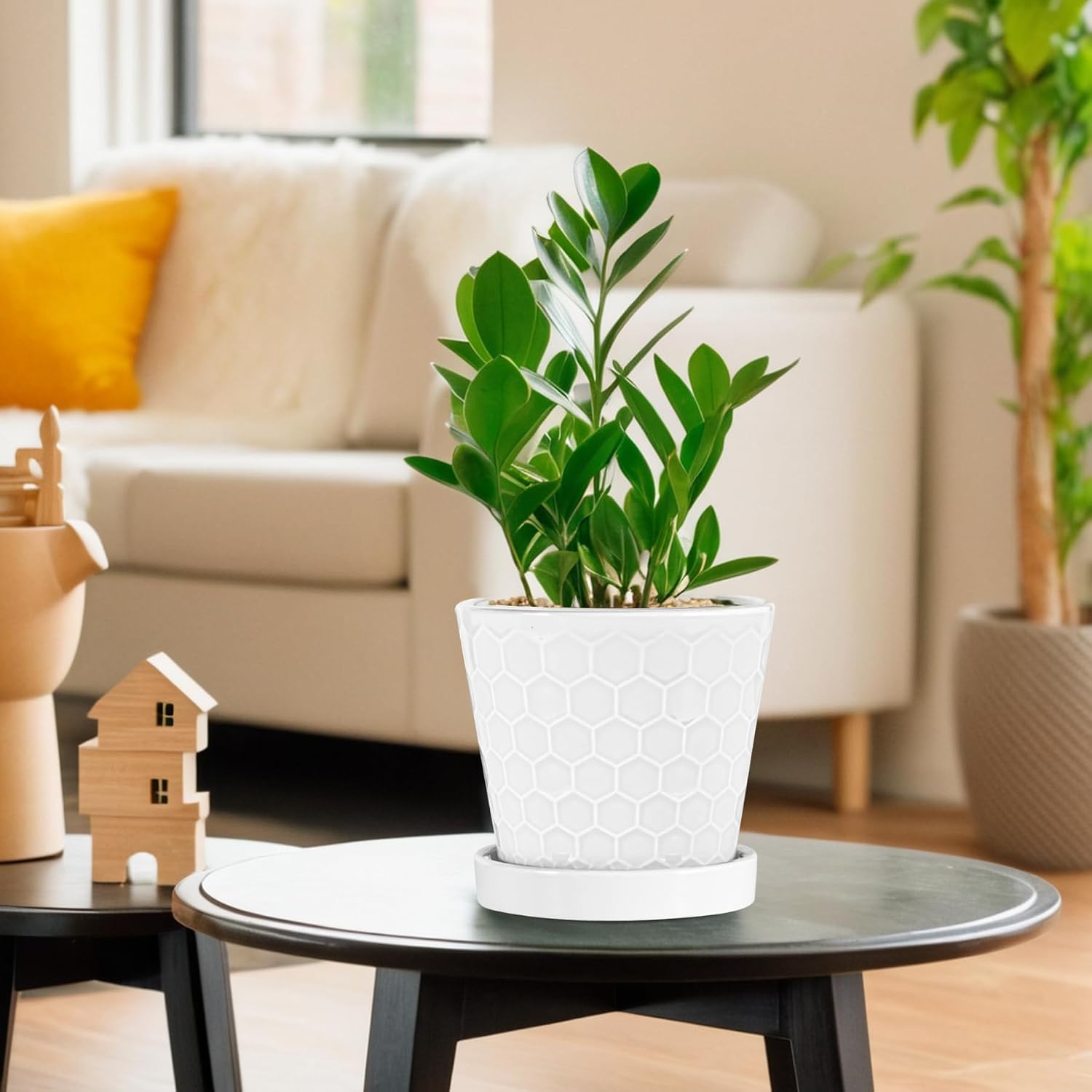 BUYMAX 6 Inch Plant Pot Ceramic Flower Pots Set of 2 with Drainage Hole | Includes Ceramic Trays | Clean White Finish