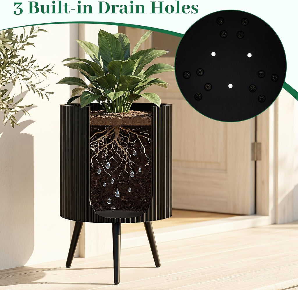 GIANTEX 16 Inch Plant Pot with Stand, Mid-Century Modern Fluted Planter | Built-in Drainage Holes, Tapered Legs, Metal
