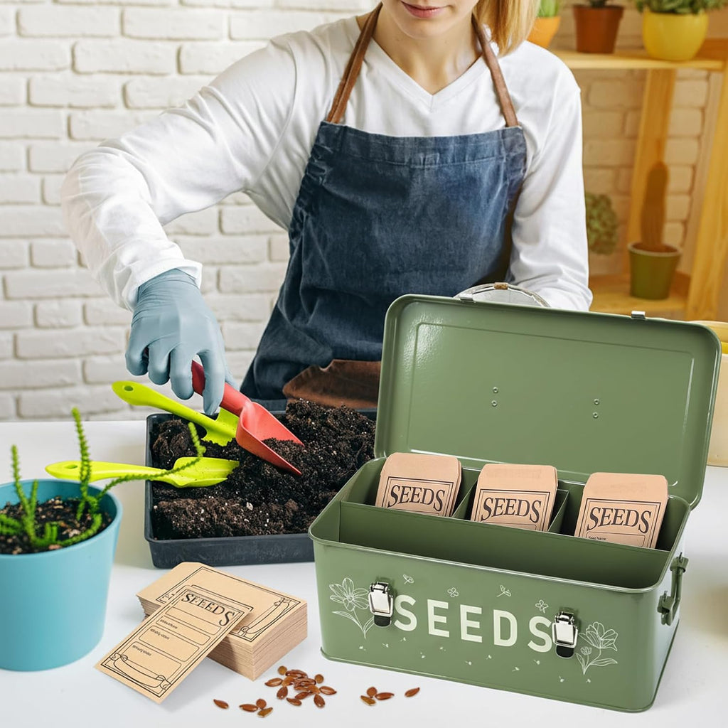 Seed box, Seed storage box, Garden seed organizer | 50 Seed Envelopes, 100 Plant Labels (5 Colors), 50 Plant Clips, 4