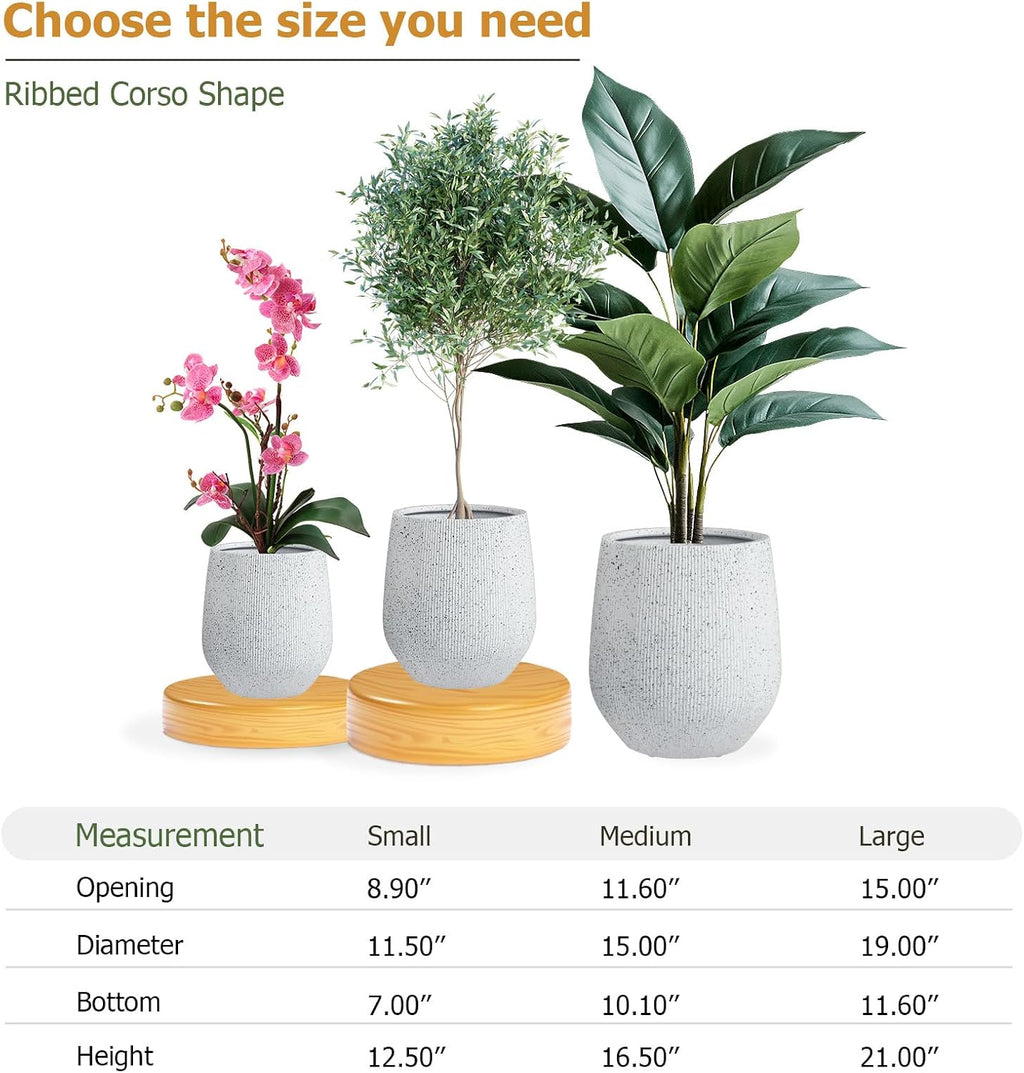KUTE NEST 12.5"H x 11.5"D Premium Corso Fiberstone Planter - Speckled White | 9" Pot Opening, Ribbed, Included 2 Extra