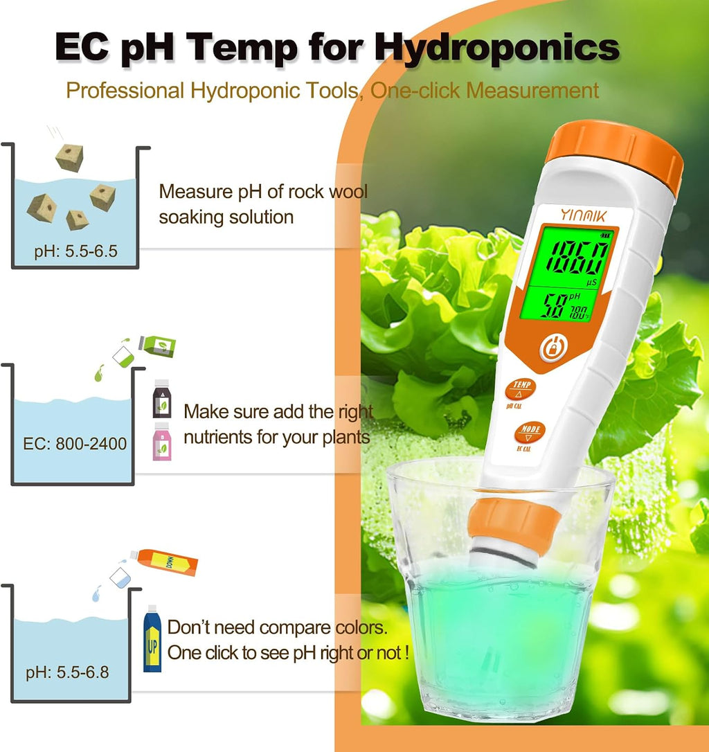Hydroponics EC pH Tester, Simultaneous Display pH ppm for Reservoir Water | Continuous Monitoring of pH Conductivity