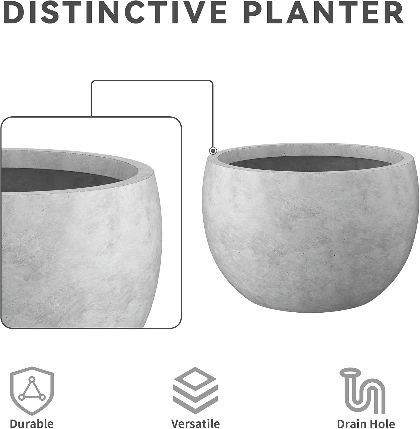 Kante Set of 3 Pale Gray Concrete Bowl Planters 20" 15.7" 11.8" Dia | Drainage for Outdoor, Rubber Plug for Indoor