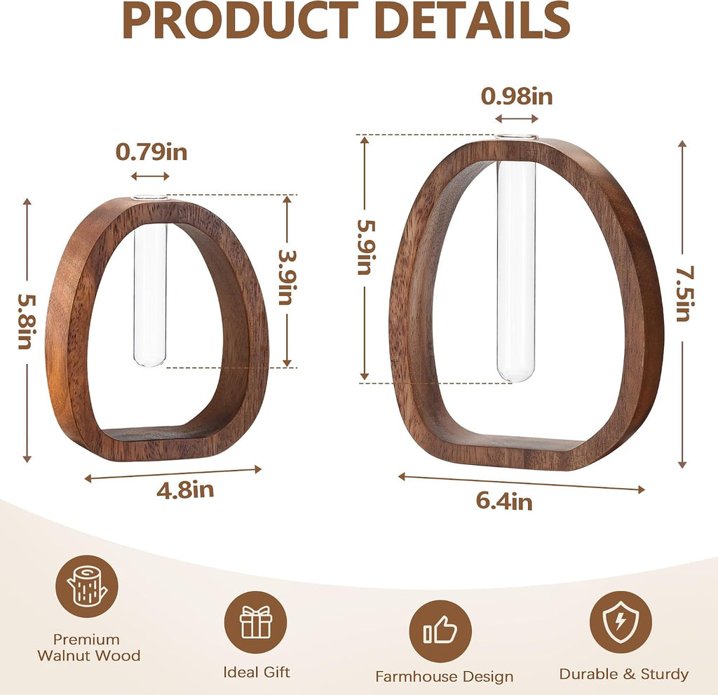 Houmury Walnut Wood Propagation Station Set of 2 Hydroponic Glass Test Tube Vases 7.5” & 5.8” for Plants Cuttings