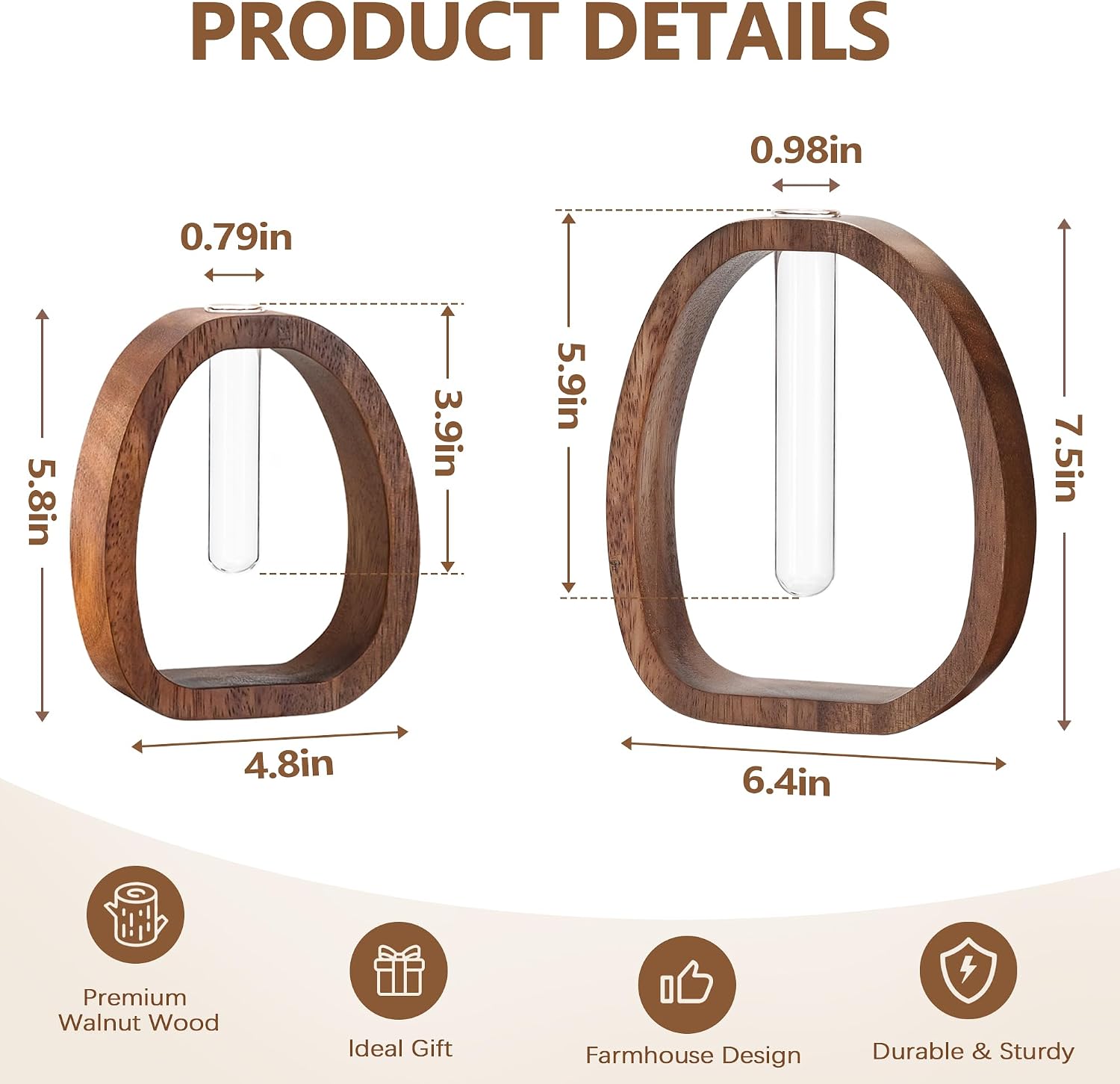 Houmury Walnut Wood Propagation Station Set of 2 Hydroponic Glass Test Tube Vases 7.5” & 5.8” for Plants Cuttings