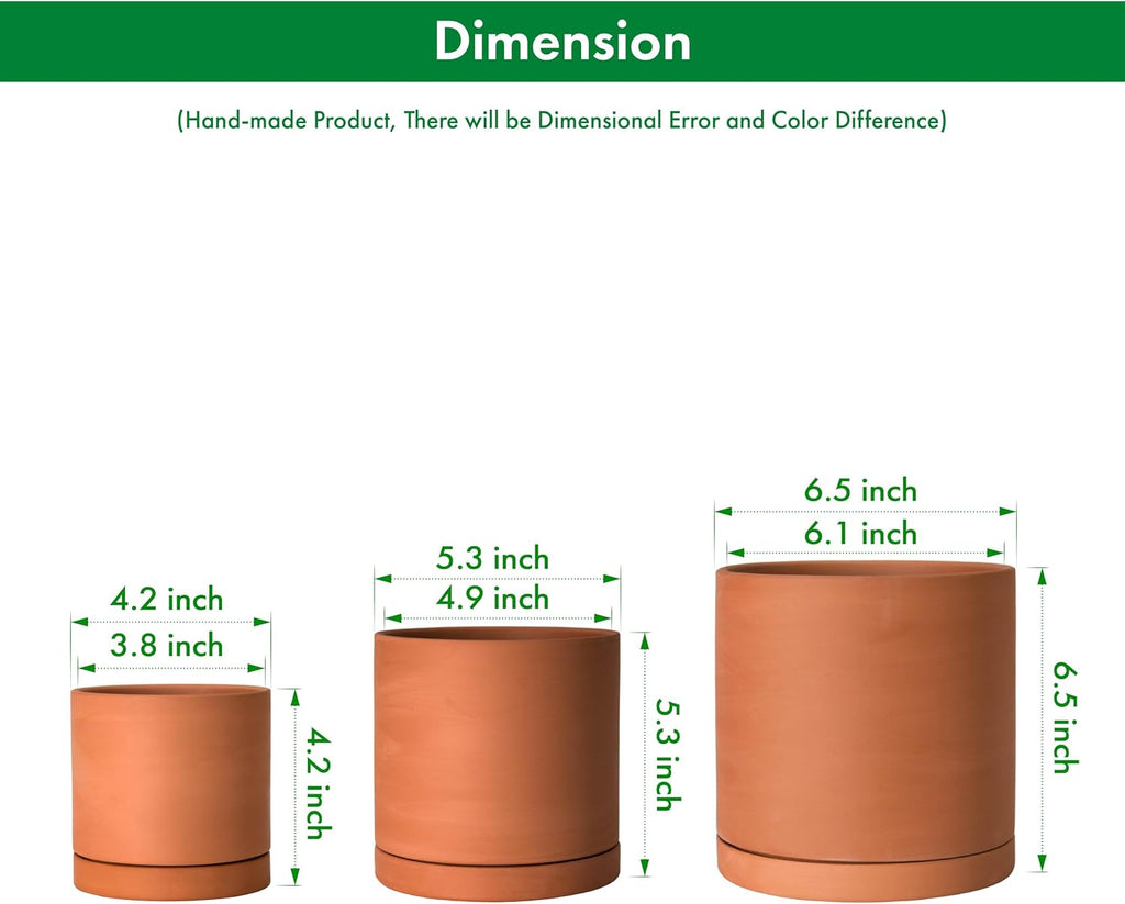 D'vine Dev 3-Pack Classic Terracotta Pots & Saucers, 4/5/6 in, 40-T-A-0 | Cylinder Shape, Timeless Style, Unglazed