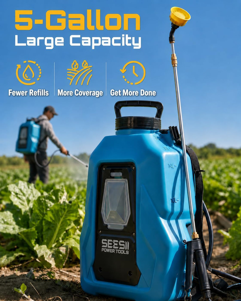 SEESII 5 Gal Leak-Proof Backpack Sprayer Battery Powered with 2 Batteries | Up to 3.6-Hour Runtime, 100 PSI Adjustable