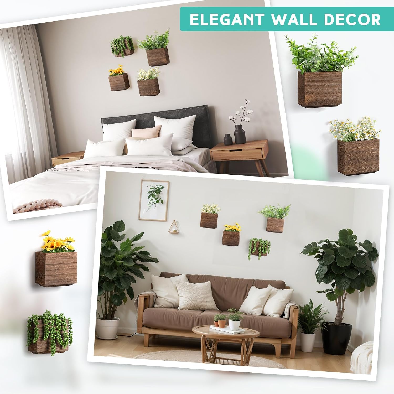 Qinyoung 4 Pack Wood Wall Planters Natural Hanging Plant Pots 5.5 x 5 Inches Natural Farmhouse Wall Hanging Decor Vase