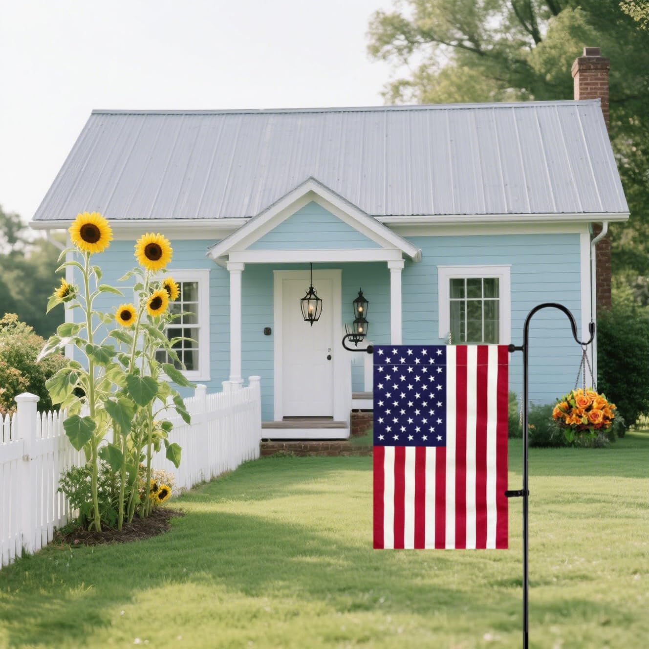 JRED Garden Flag Stand with American Garden Flags 12x18 Inch, Shepherd Hook Yard Flag Holder Pole with Clips and