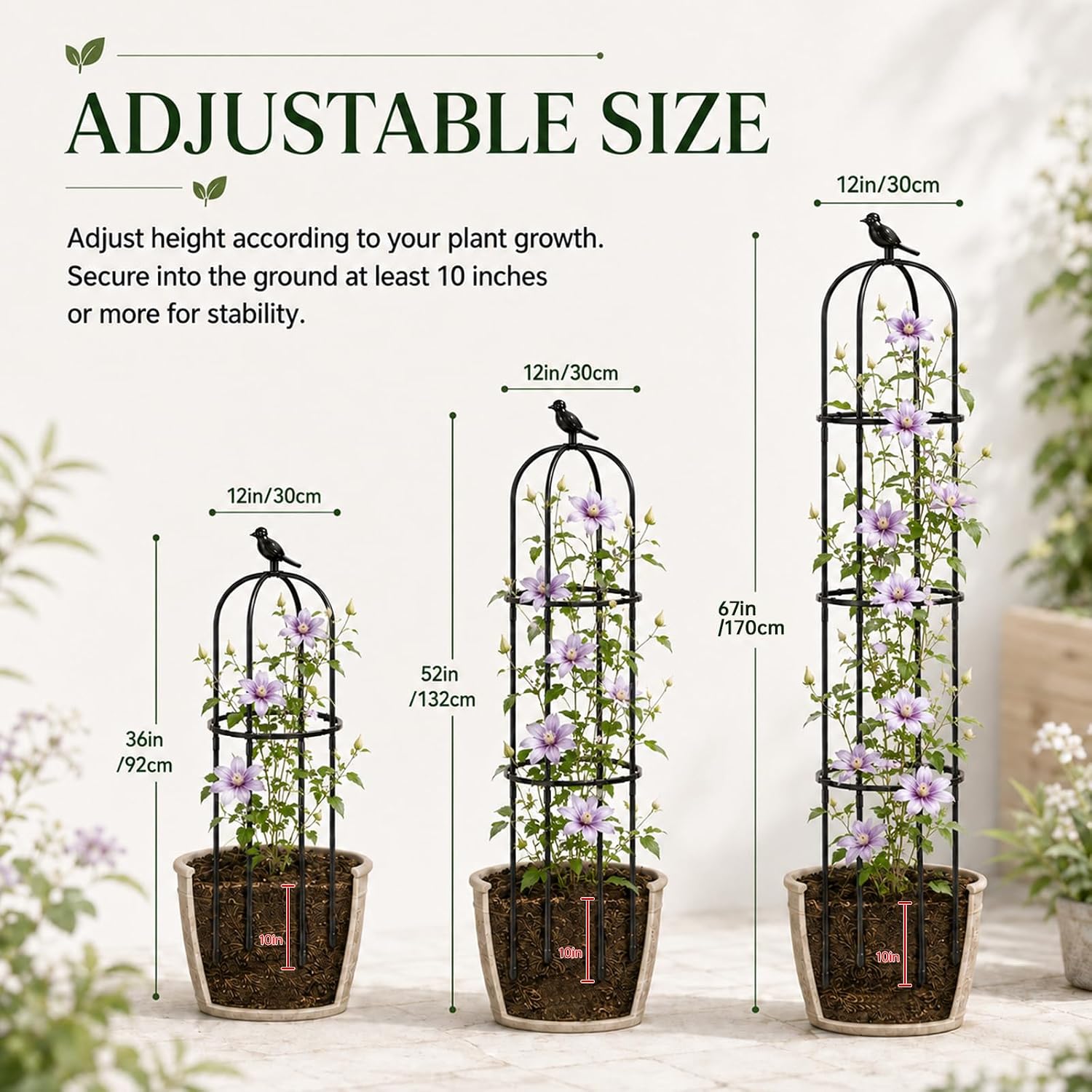 FOLLOOK Garden Obelisk Trellis for Climbing Plants Outdoor, 2 Pack | 67 Inch Lightweight Round Plant Support for Roses