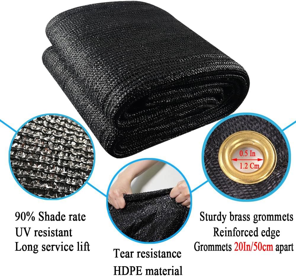 90% Black Shade Cloth, 10X30 FT Garden Sun Shade for Plants Cover | UV Resistant, Outdoor Sunshade Fabric with Grommets
