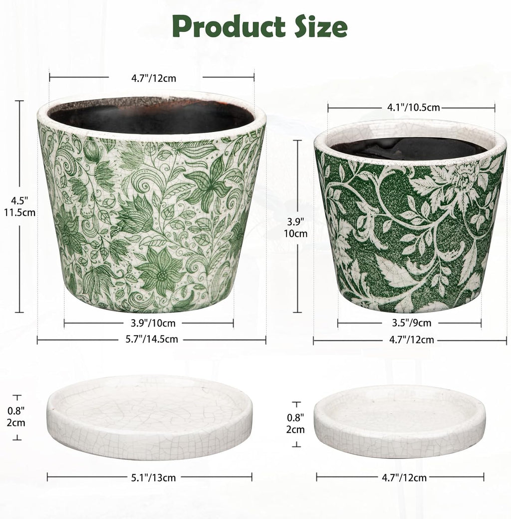 Set of 2 Ceramic Green Plant Pots with Drainage Hole and Saucers, Vintage Farmhouse Accent Planters for Indoor Plants
