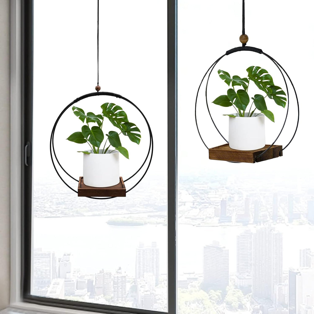 hismocal 2 Pack Hanging Planter for Indoor Plants, Black Plant Hanger with Sturdy Wood Base, Modern Boho Macrame
