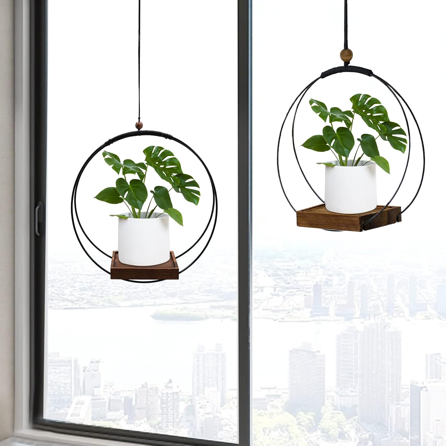 hismocal 2 Pack Hanging Planter for Indoor Plants, Black Plant Hanger with Sturdy Wood Base, Modern Boho Macrame