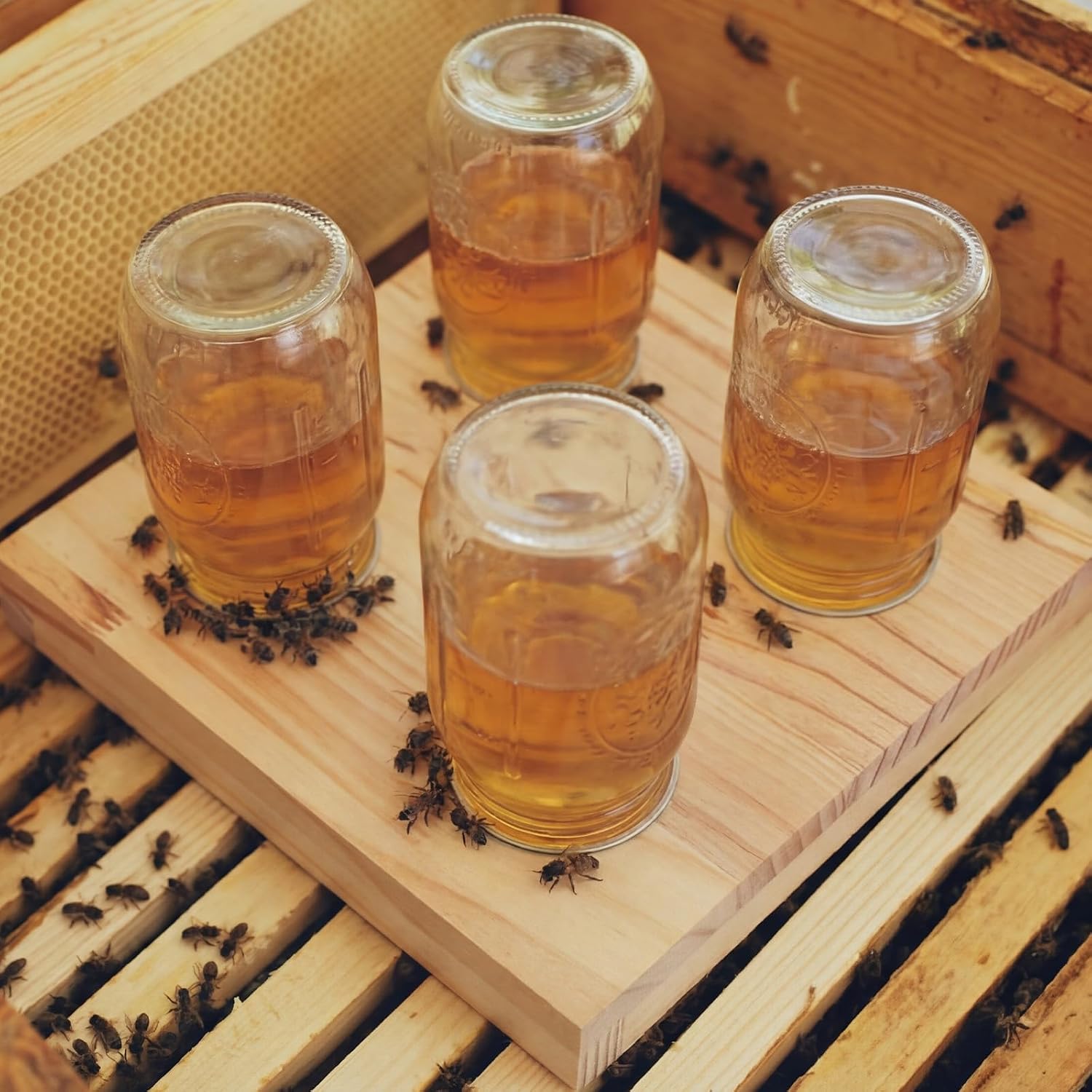 Rtteri 1 Pcs Bee Feeders for Hives with 4 Lids Wooden Honey Mason Jar Beehive Entrance Feeder for Beekeeping Bee