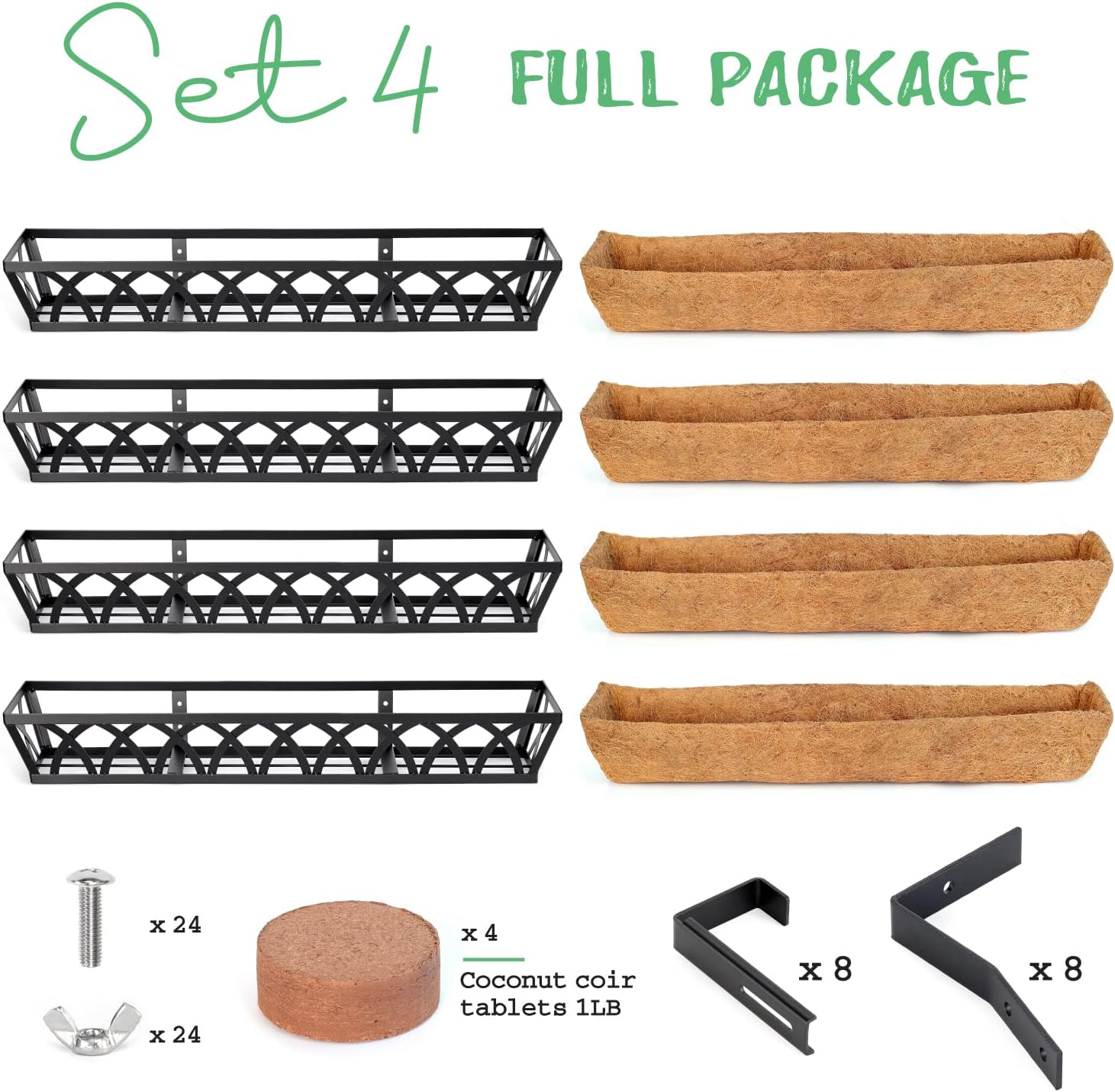 24" Hanging Window Box Basket w/Coco Liner, Black, 4-Pack | Coco Liner, Outdoor Balcony Porch Fence Patio, Home, Office