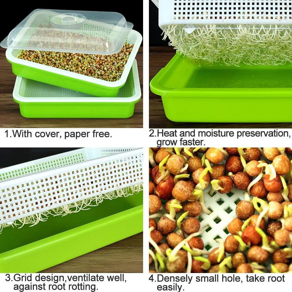 2 Pack of BPA Free Home Microgreen Soilless Hydroponics Seed Sprouter Grow Tray with Cover + Free Spray Bottle and 20