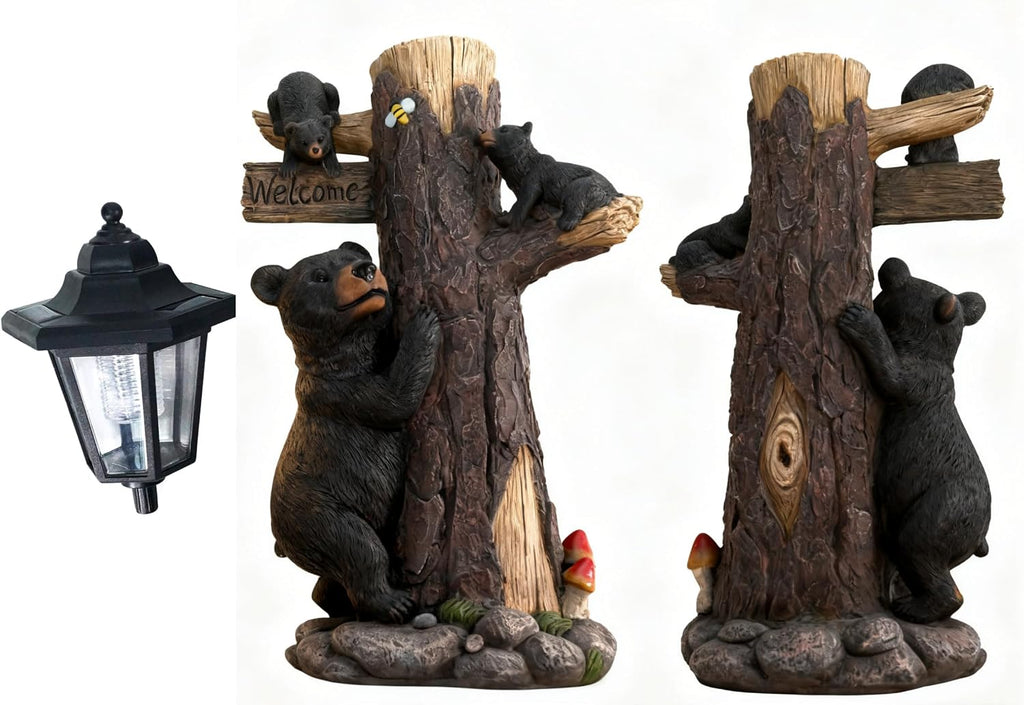 19 Inches Bear Statue Welcome Sign Garden Statue with Solar Lights | Resin Bear Family on The Tree, Outdoor Bear Décor