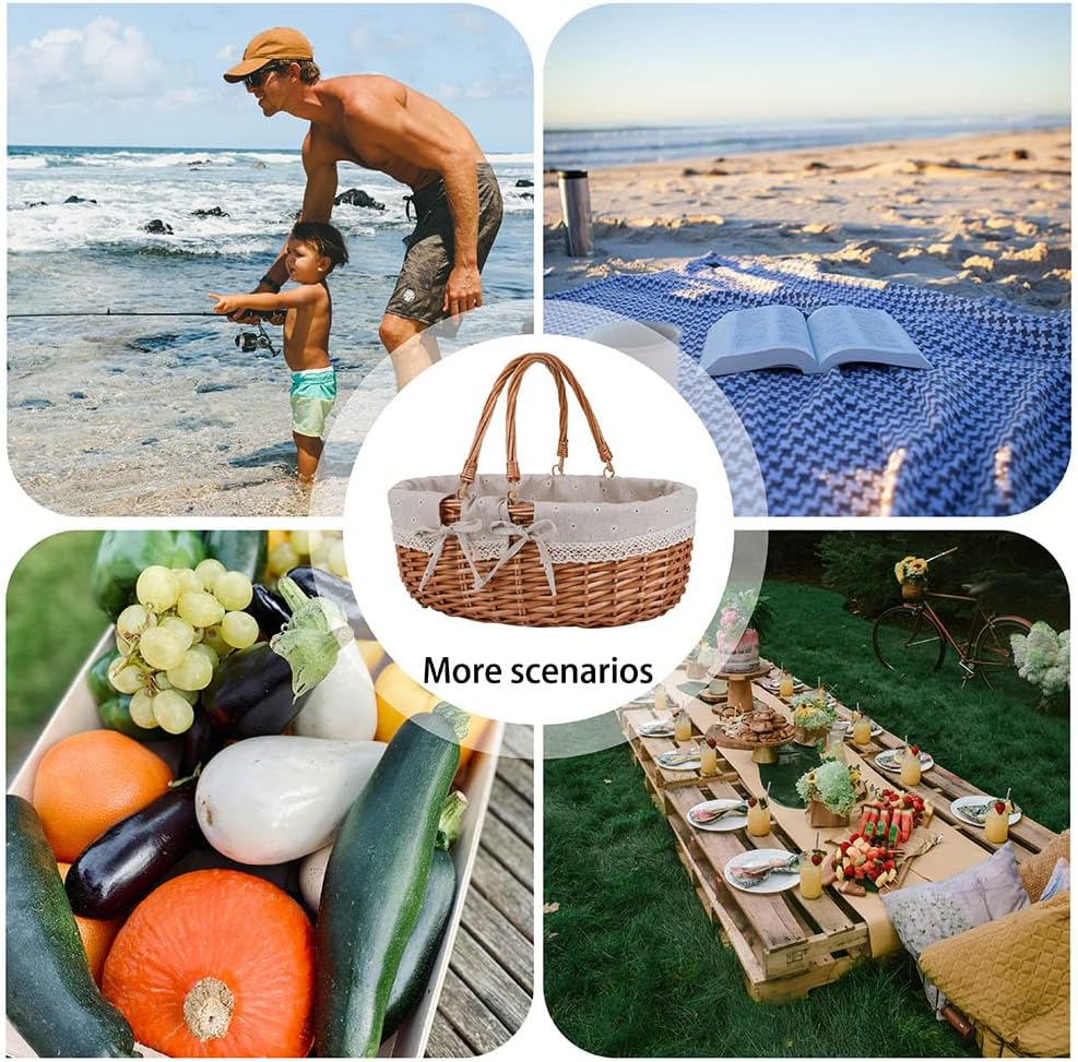Large Wicker Woven Picnic Basket w/Handle for Camping & Harvest | White Floral Lining, Removable & Washable; Ideal for