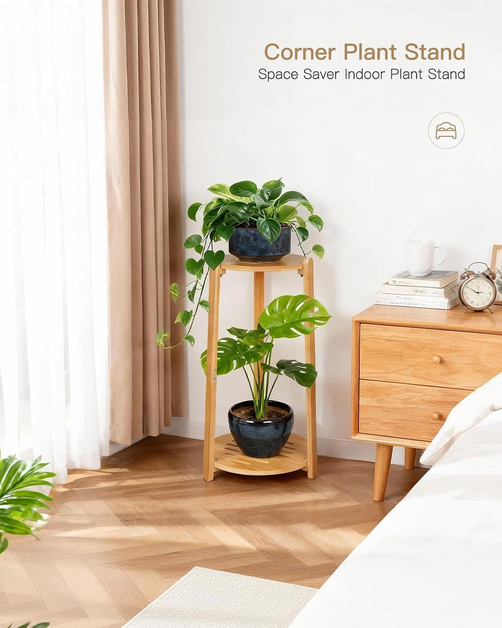 2 Tier Round Bamboo Plant Stands Shelf Indoor Wooden Corner | Tall Flower Pot Stands Shelf Plant Pedestal Holder Rack