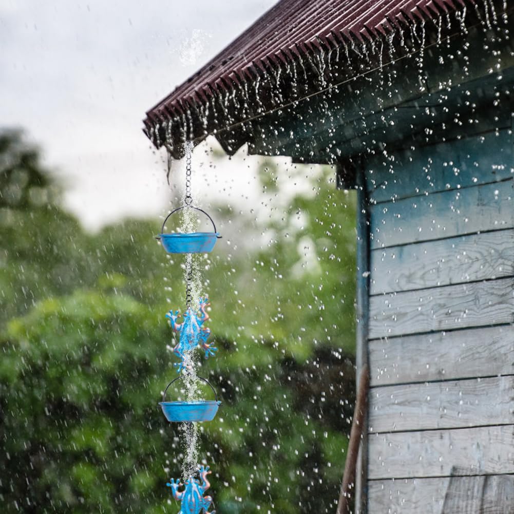 11.4FT Frog Rain Chains for Outside Gutters, Eaves, Drainage | 12 Cups, Metal Rain Chain, Adjustable Length, Functional