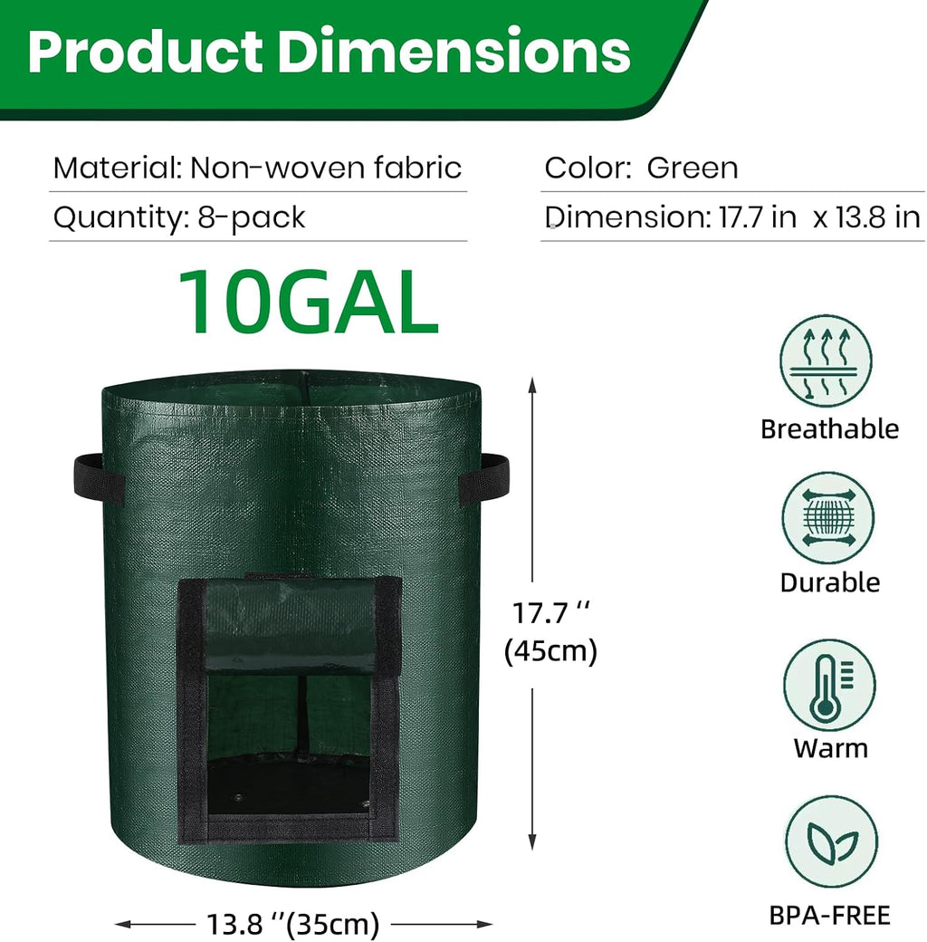 10 Gallon 8-Pack Grow Bags, Durable PE Fabric Pots with Flap and Handles, Green Planter Bags for Potato Vegetables