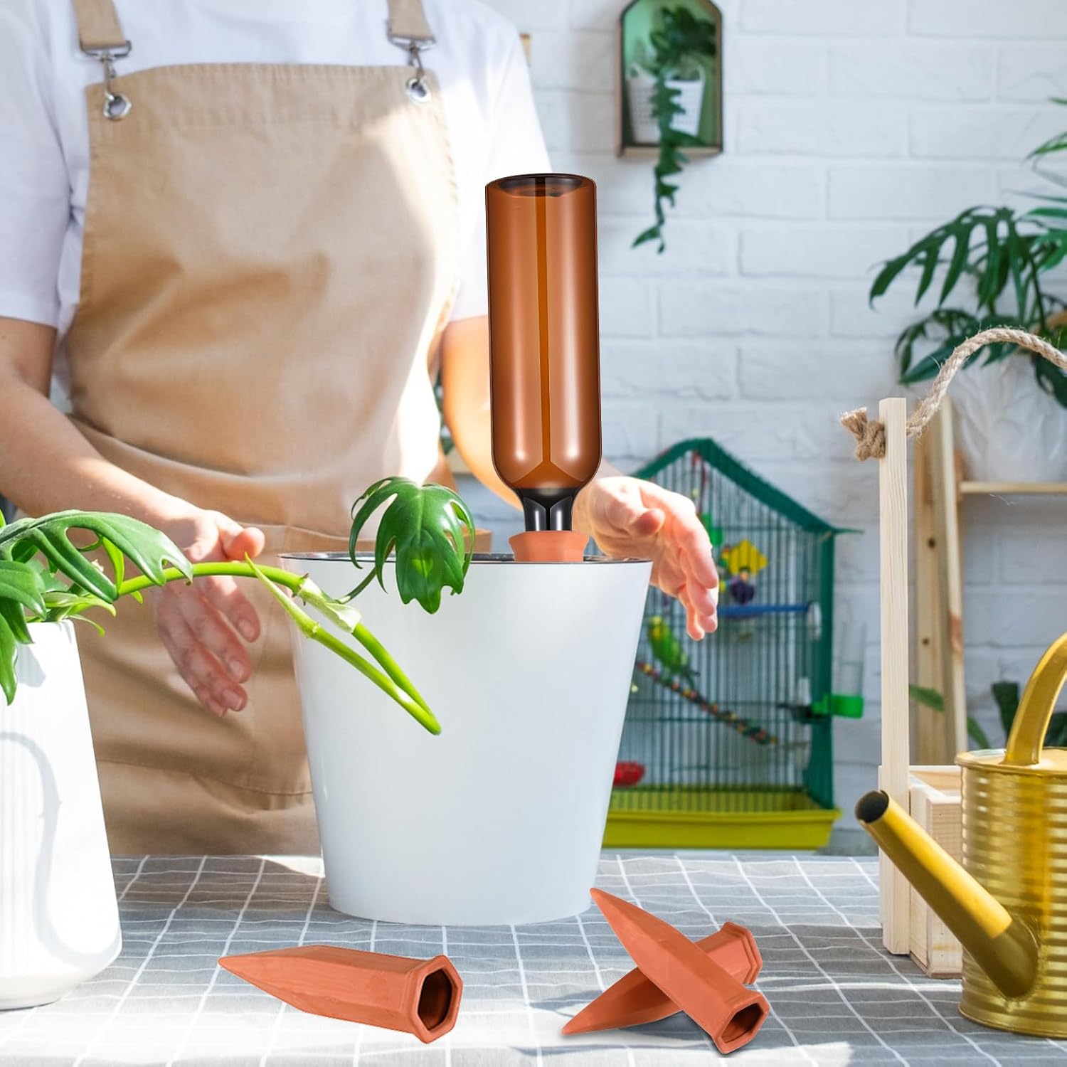 12 Set Plant Watering Devices, Terracotta Watering Spikes with 25 oz Plastic Wine Bottles, Slow Release Vacation Insert