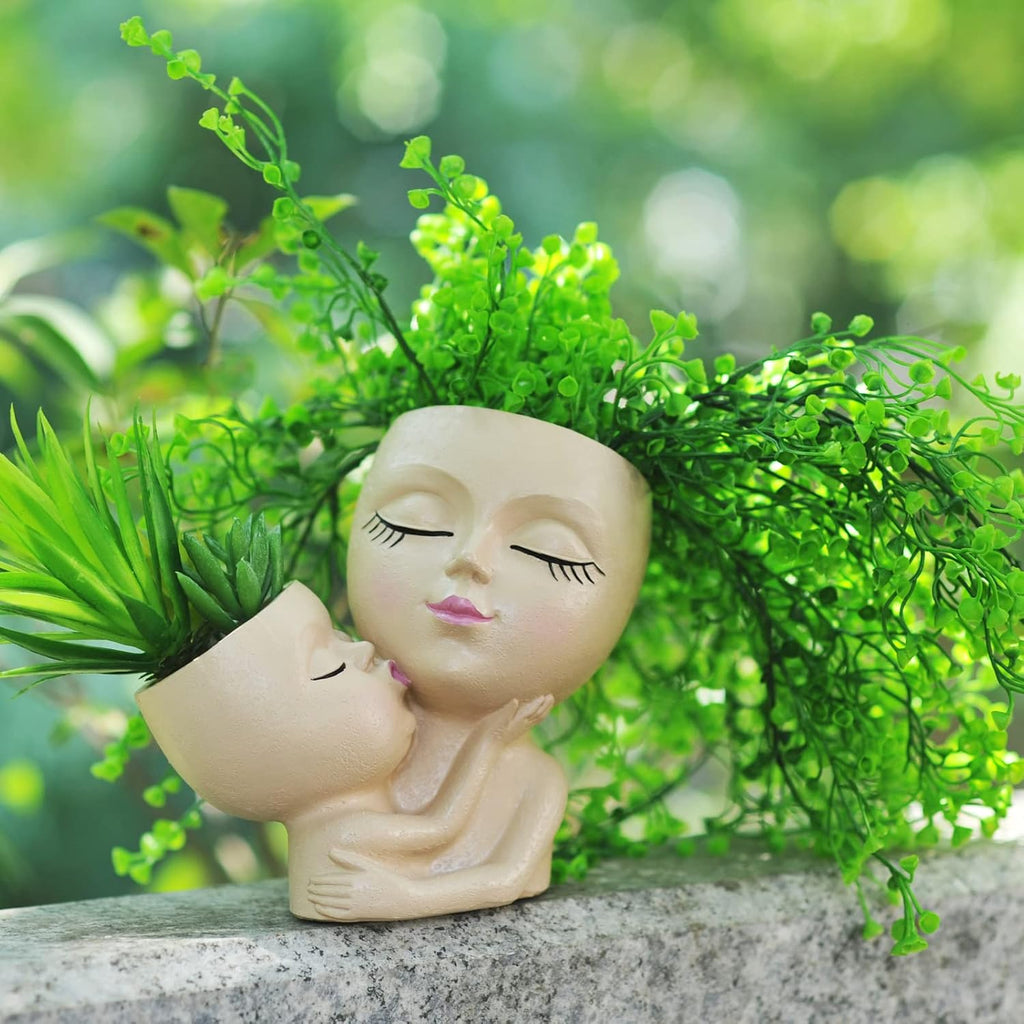 Head Planter Mother and Child Cute Face Planter Pots Head Resin Flower Pots for Indoor Plants with Drainage