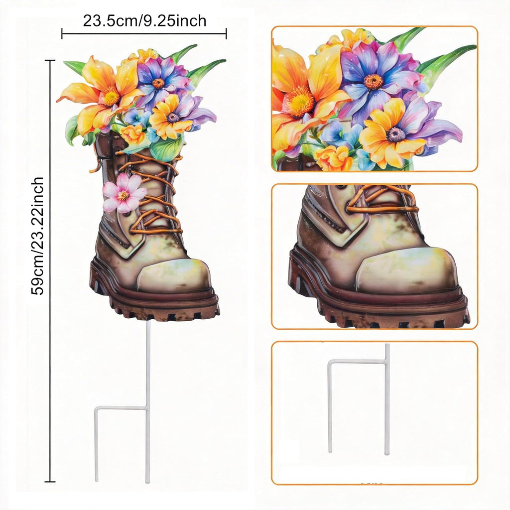 Garden Decor for Outside, 23" Decorative Garden Stake Metal Boot Flowers | Yard Art Stake for Outdoor Lawn Backyard