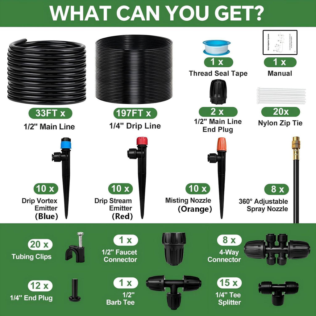 230FT Drip Irrigation System for Garden with 38pcs Adjustable Copper Nozzles & Emitters, Automatic Garden Watering