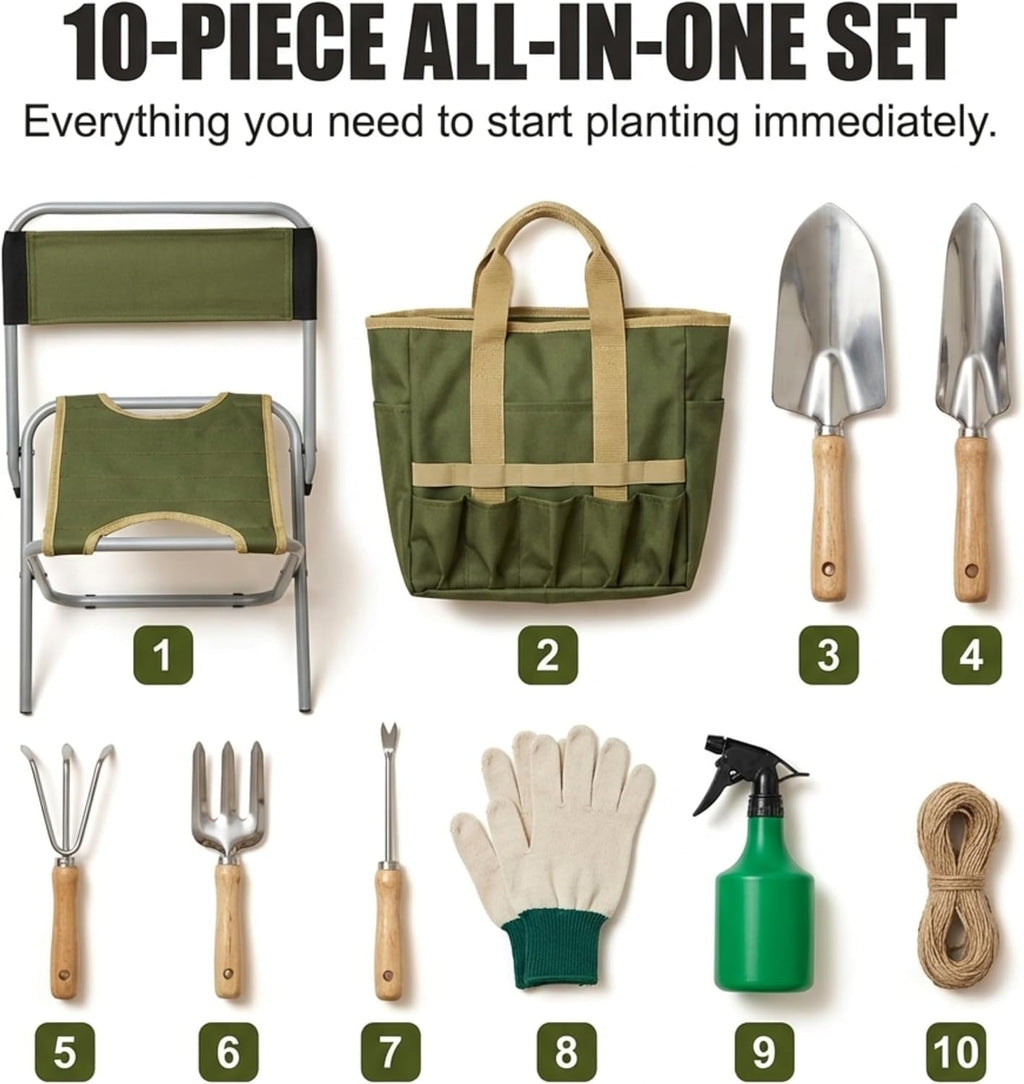 10-piece Gardening Tool Set with Zippered Detachable Tote and Folding Stool Seat with Backrest