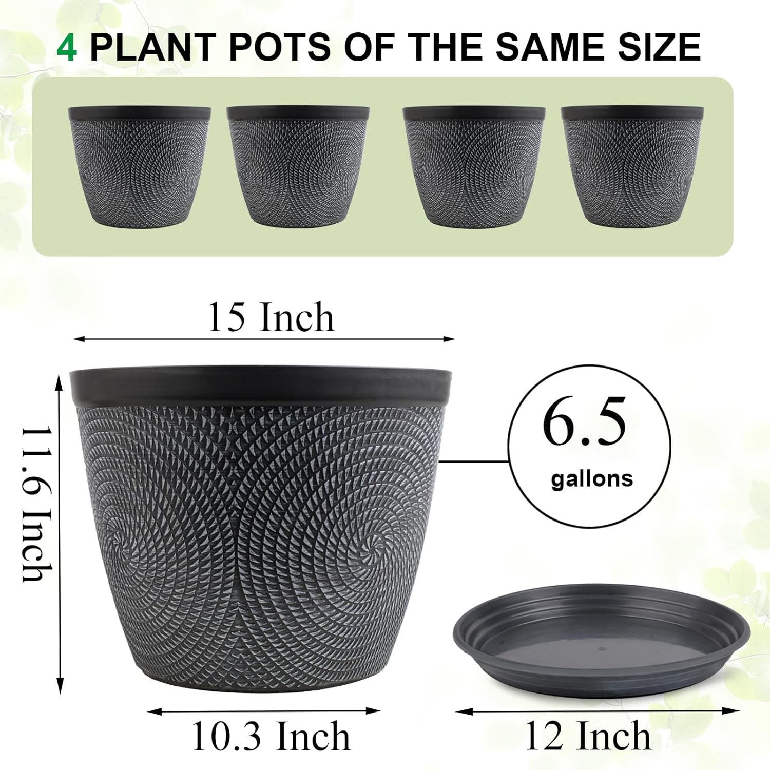Quarut 4 Pack 15 Inch Large Planter Pot for Plants Outdoor Indoor, Plastic Flower Pots with Drainage Hole & Saucer