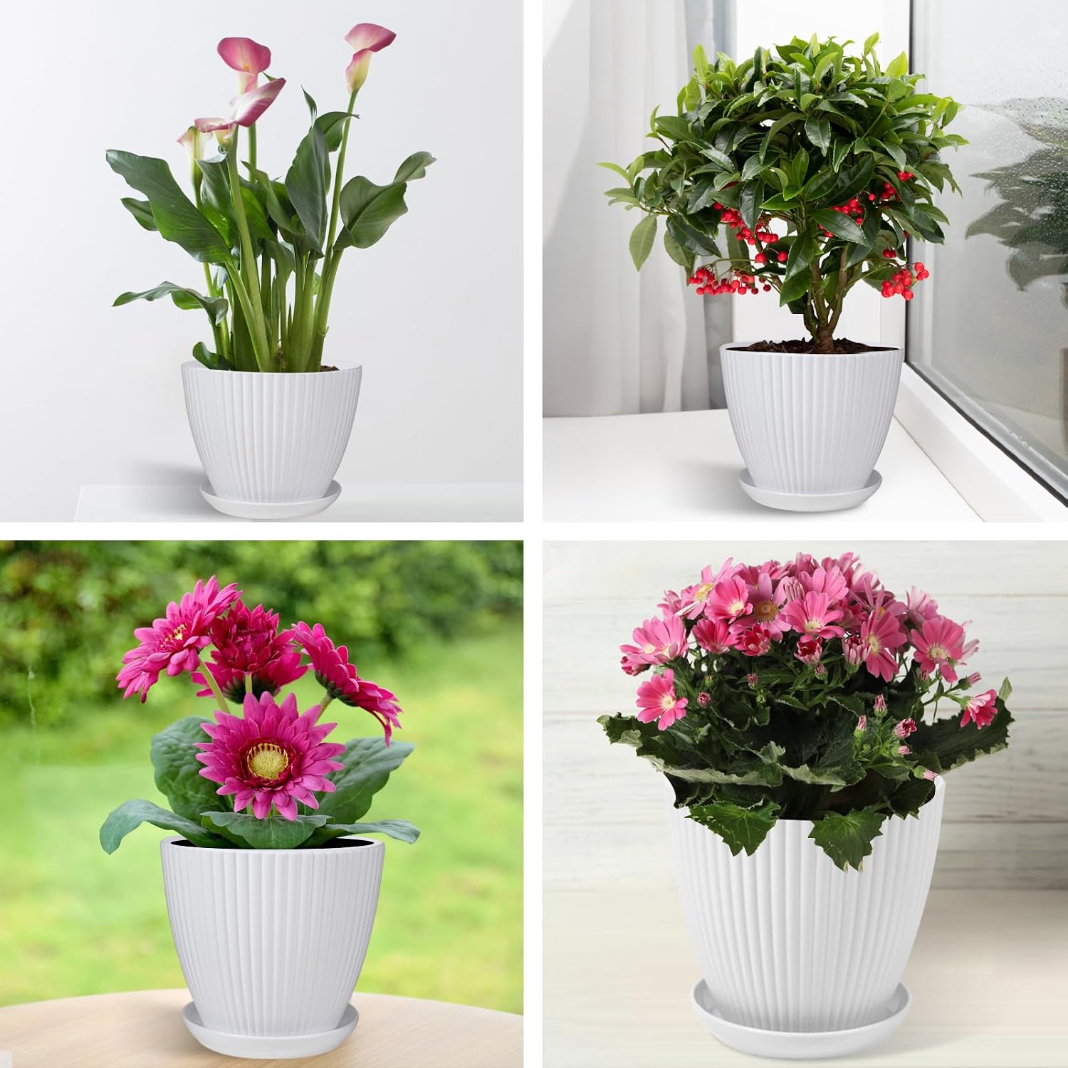 7 Inch Large Plant Pots, 6 Pack Flower Pots with Drainage Hole and Tray Saucer Plastic Plant Pot for Outdoor Indoor