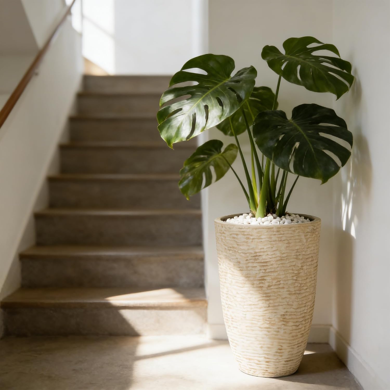 Worth 9 Gallon Tall Round Planters Set of 2-14" Dia x 21" H Stone Finish Flower Pots Indoor Decorative Container Garden