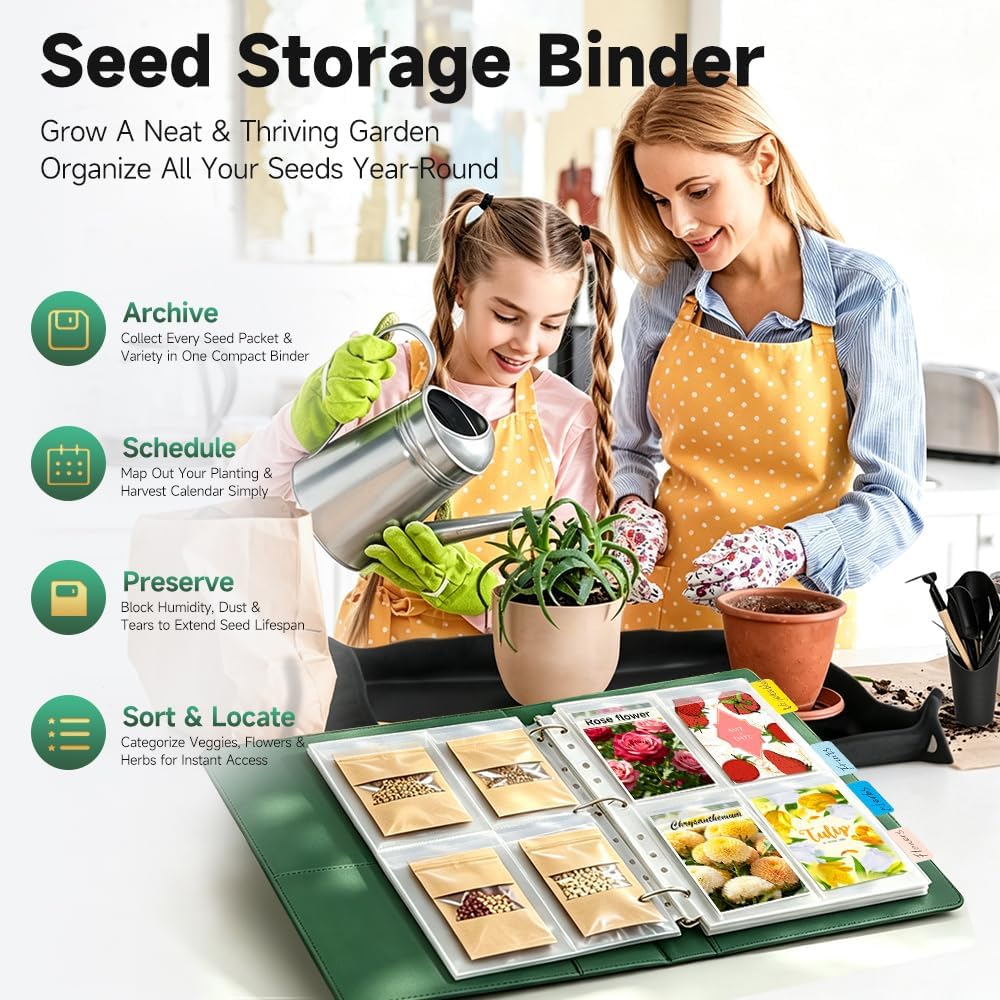 Seed Storage Packet Organizer Binder: Garden Seed Organizer with 45 Sleeves Binder Sheets Hold 170 Seed Packets & 50