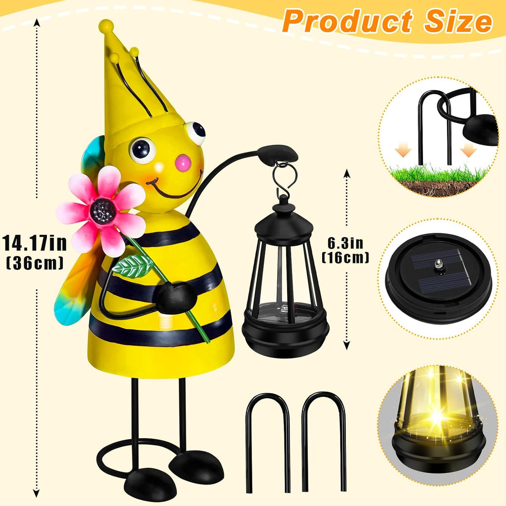 Solar Metal Bee Garden Statue with Lantern, Outdoor Garden Decor Figurine | Hand-Painted IP65 Waterproof Metal Craft