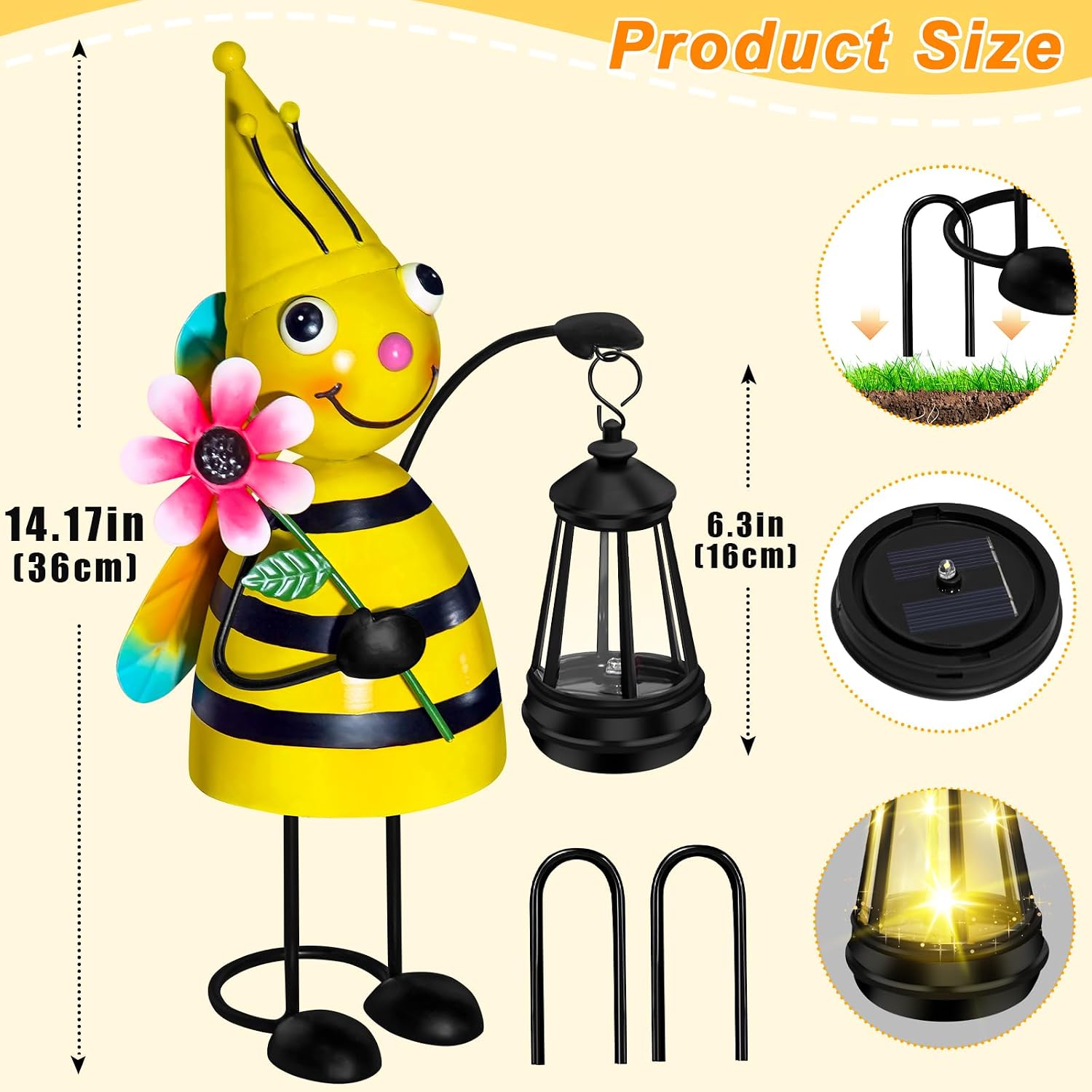 Solar Metal Bee Garden Statue with Lantern, Outdoor Garden Decor Figurine | Hand-Painted IP65 Waterproof Metal Craft
