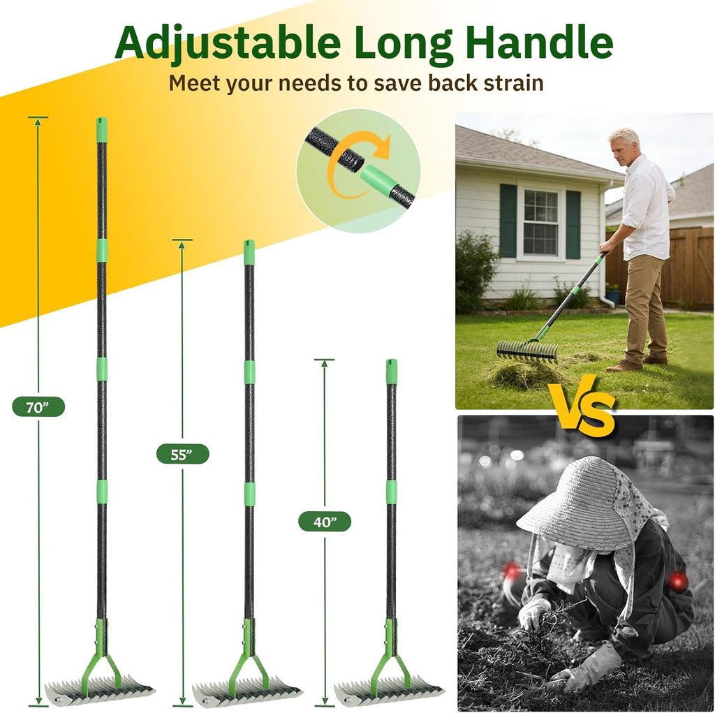 Thatch Rake, 13" Wide Efficient Dethatcher Rake with 70" Adjustable Long Handle, Heavy Duty Steel Metal Dethatching