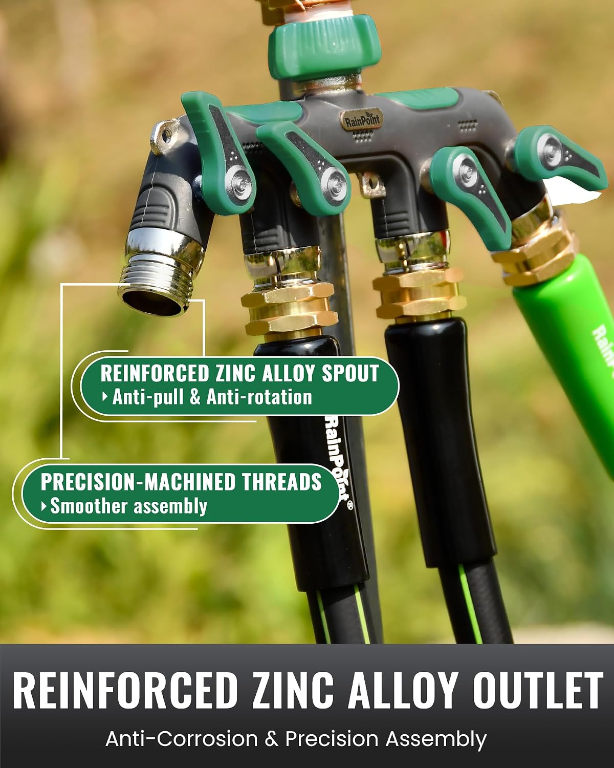 RAINPOINT 4 Way Garden Hose Splitter, 100% Metal Heavy Duty Water Hose Splitter with Individual Shut-Off Valves, 3/4"