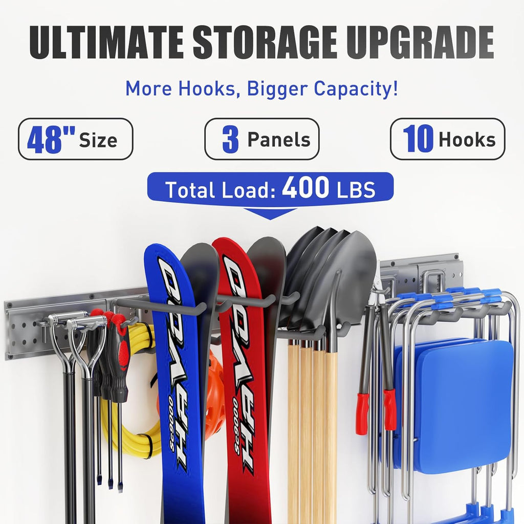 Garage Tool Organizer Wall Mount 49.5 inches with 10 Adjustable Heavy-Duty Hooks, Garage Organization, Garden Tool