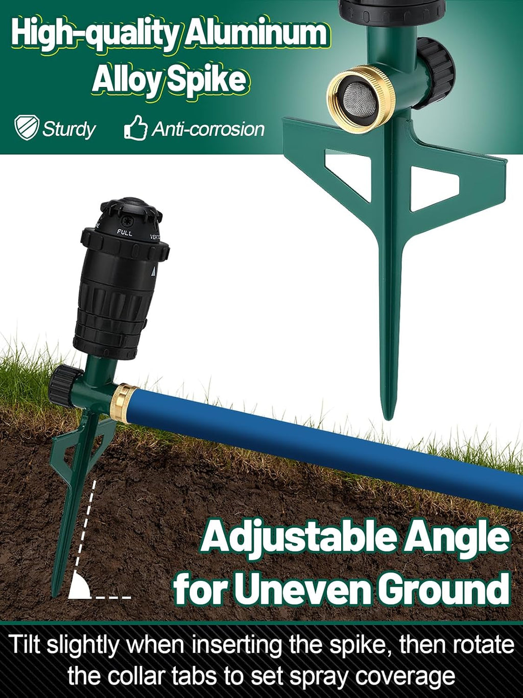Acostop Adjustable Spray Coverage Sprinklers for Yard, 2 Pack | Sturdy Aluminum Alloy Spike & 5 Spray Patterns Lawn