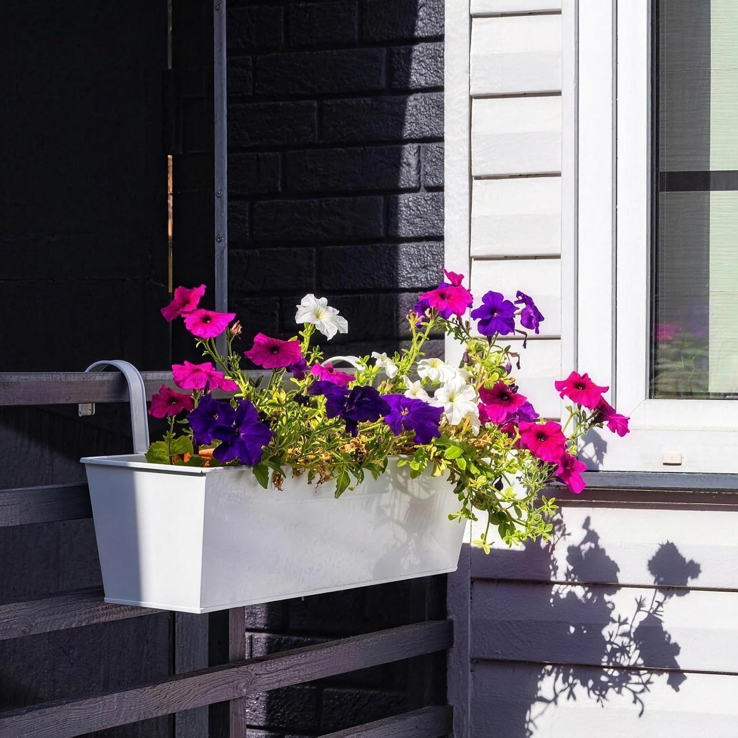 3 Pack Metal Railing Planters, 16 Inch Large Rectangular Hanging Flower Pots with Detachable Hooks & Drainage Holes