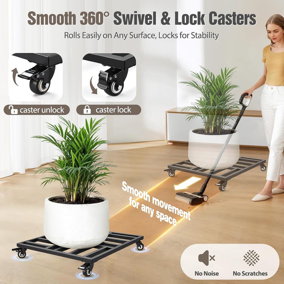 AugFir 22" Plant Caddy with Wheels Heavy Duty, 600lbs Rolling Metal Plant Stand, Square Plant Dolly with Lockable
