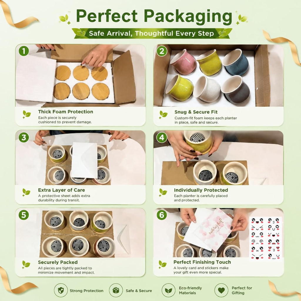 6-Pack 3 Inch Ceramic Succulent Pots with Bamboo Tray for Home Decor | Includes decorative stickers and cards creating